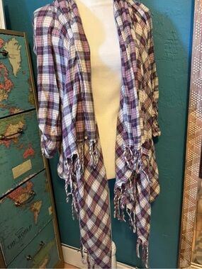 Billabong Purple Plaid Fringe Open Cardigan